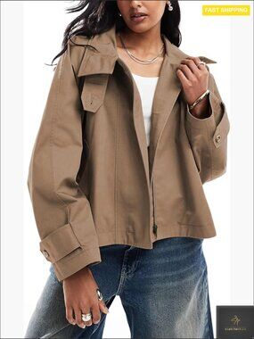 Cropped Trench Coat Zip Up Short Outwear with Back Cape Casual Fall Spring